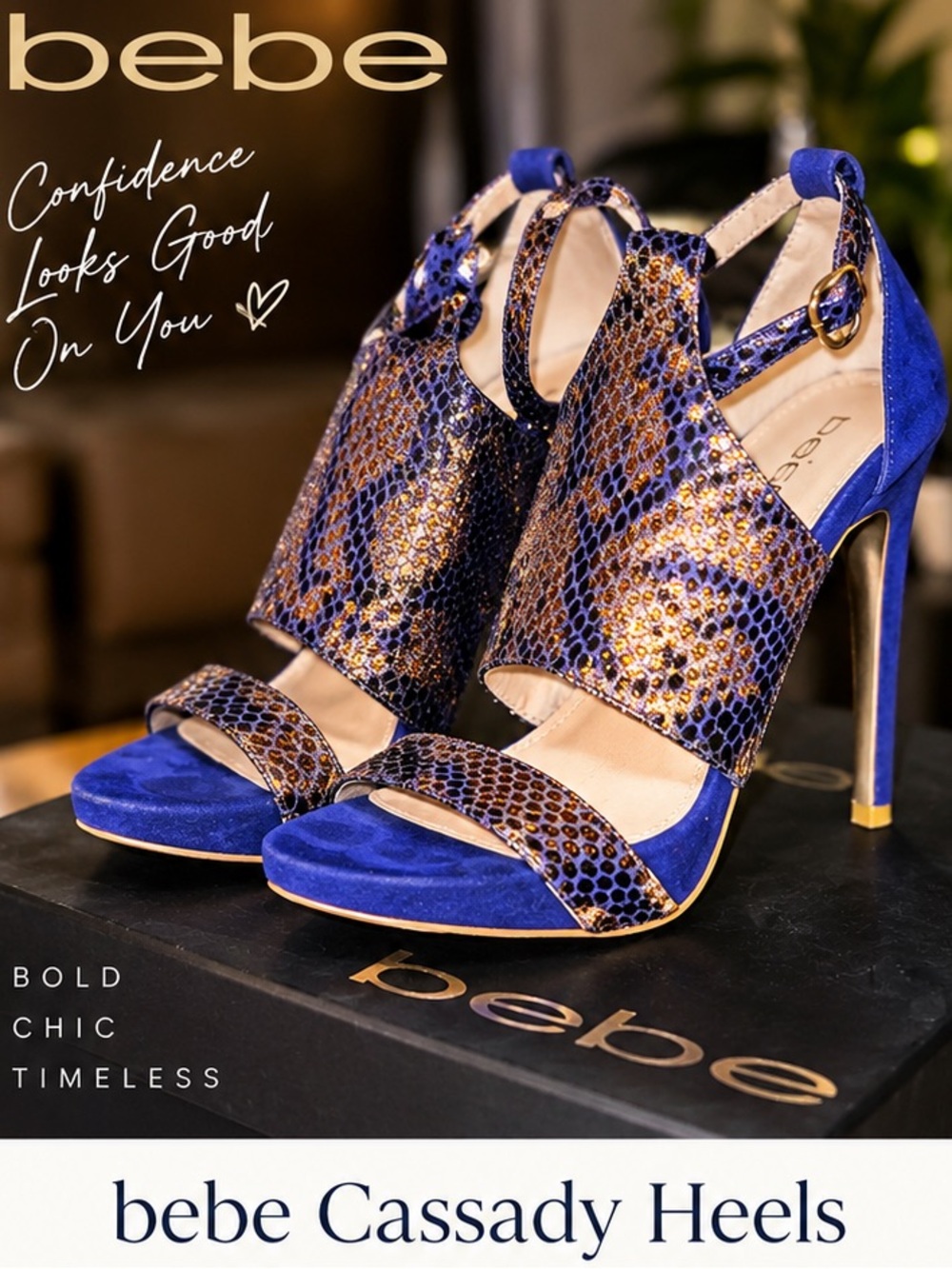 bebe Cassady Blue & Gold Snake-Print Suede Strappy Heels